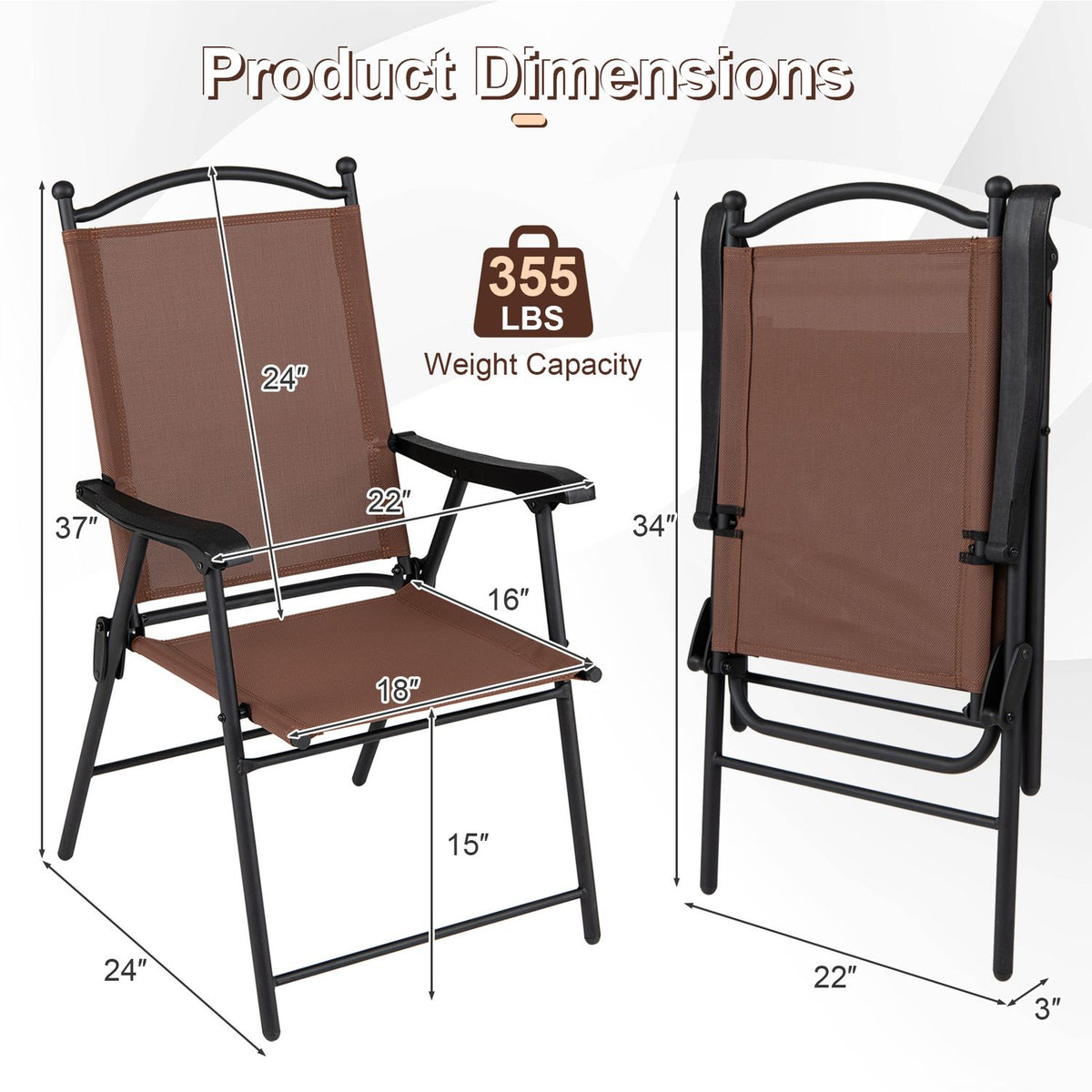 A chair is shown open beside a folded view, with measurement lines and labels.