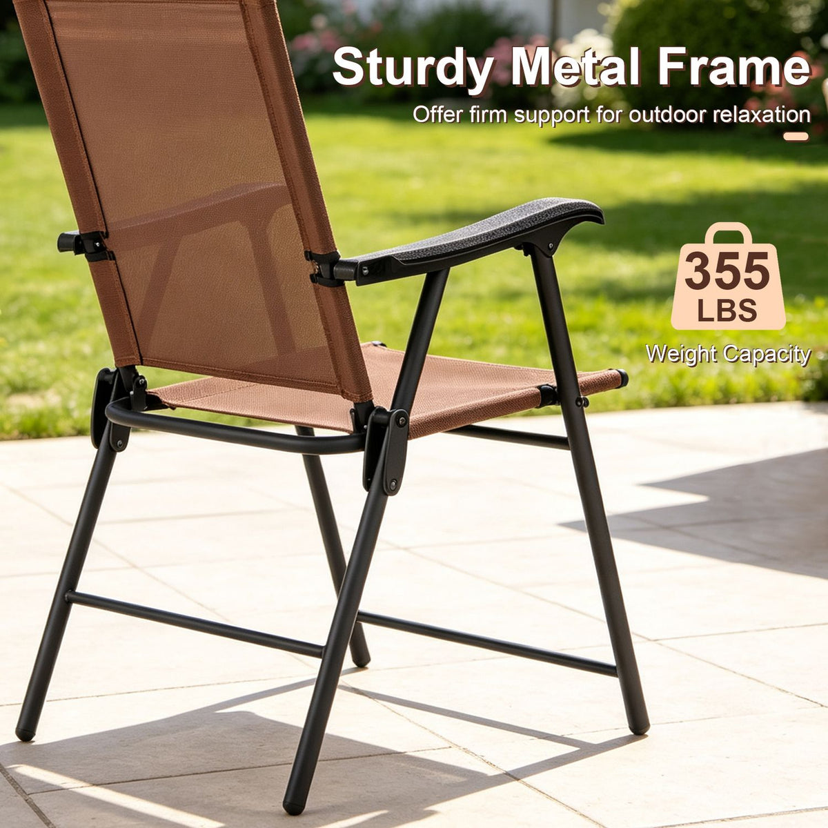 Side view of a brown fabric folding chair showing its black metal frame and armrest on a sunny patio.