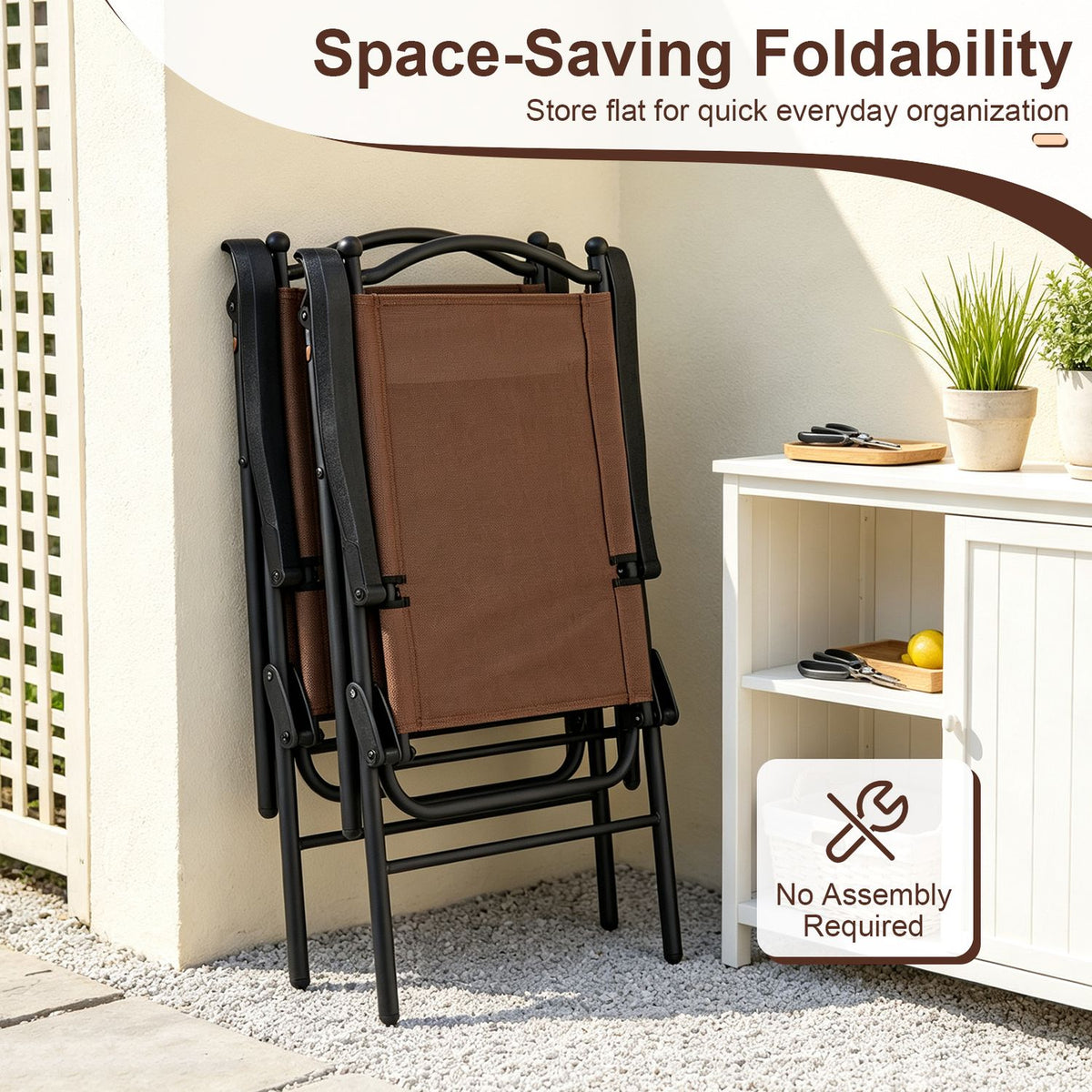 Two brown fabric chairs folded flat and leaning beside an outdoor storage cabinet.