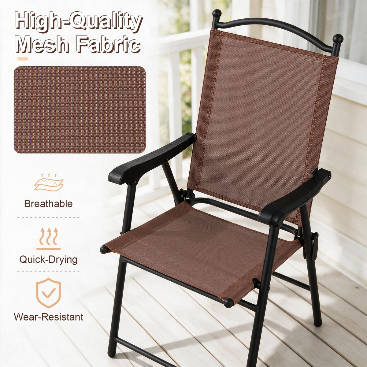 A brown mesh fabric swatch beside a folding chair with black armrests and frame.