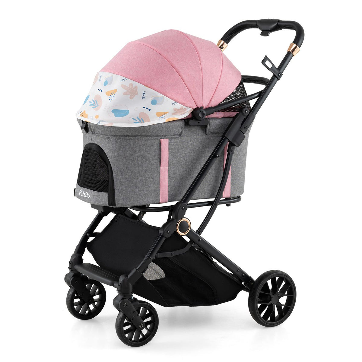 Side view of the gray pet stroller with pink patterned canopy, black frame, wheels, and lower basket.