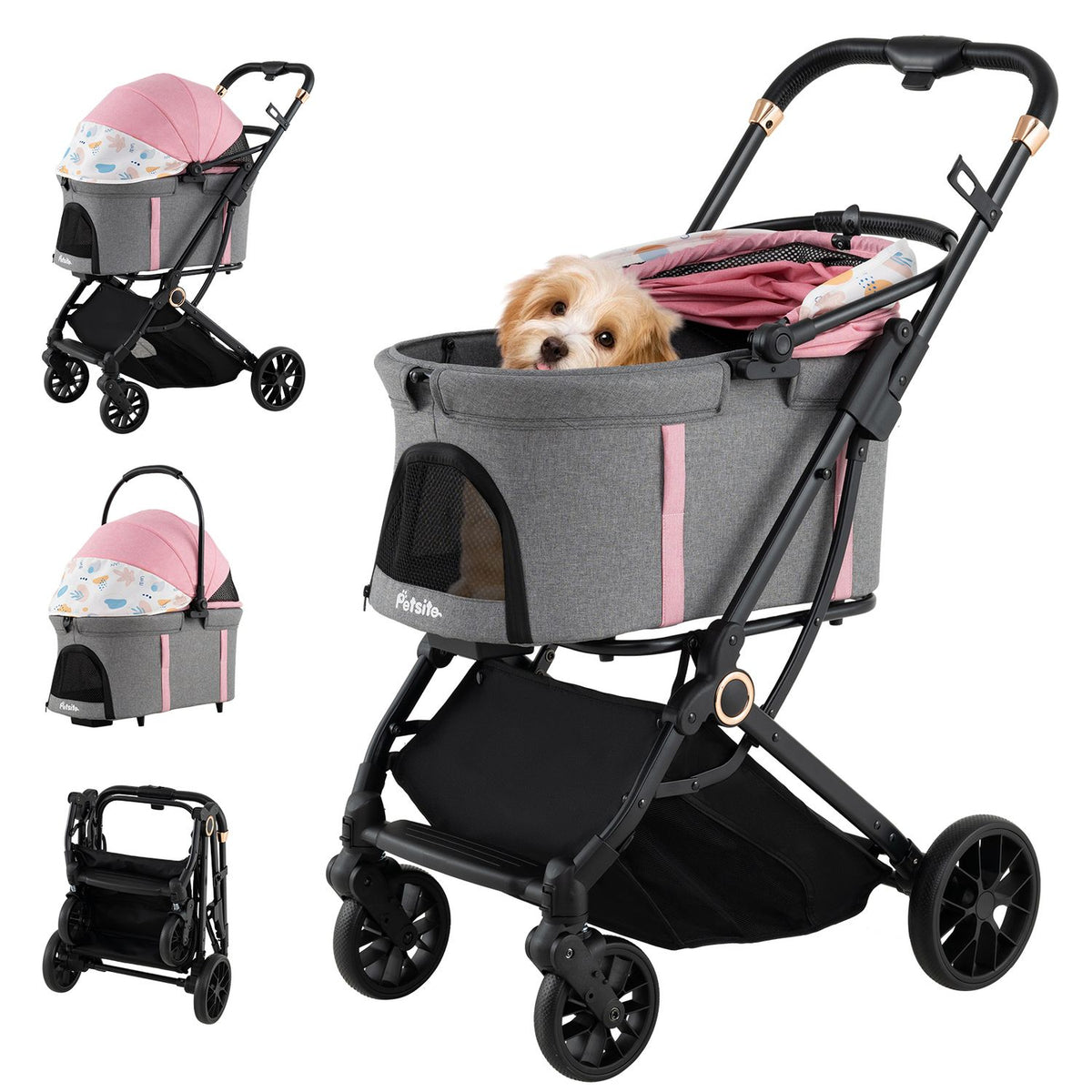 Stroller shown with canopy open and closed, as a detached carrier, and folded, alongside a dog in the open stroller.
