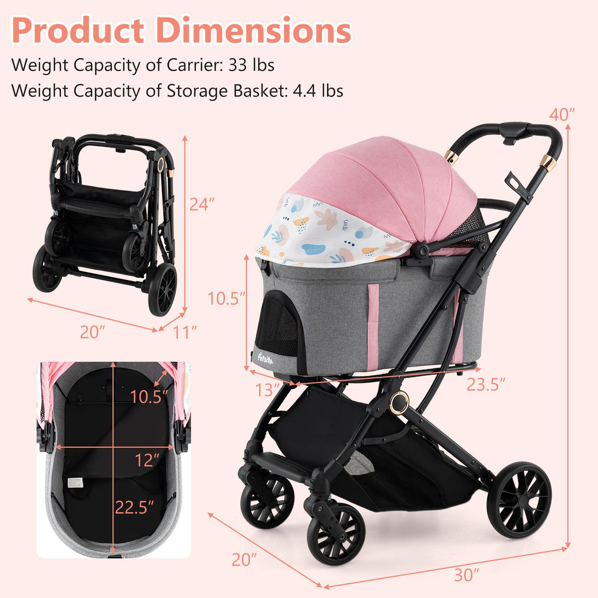 Pink-and-gray pet stroller shown folded and assembled, with a top-down view of its carrier.