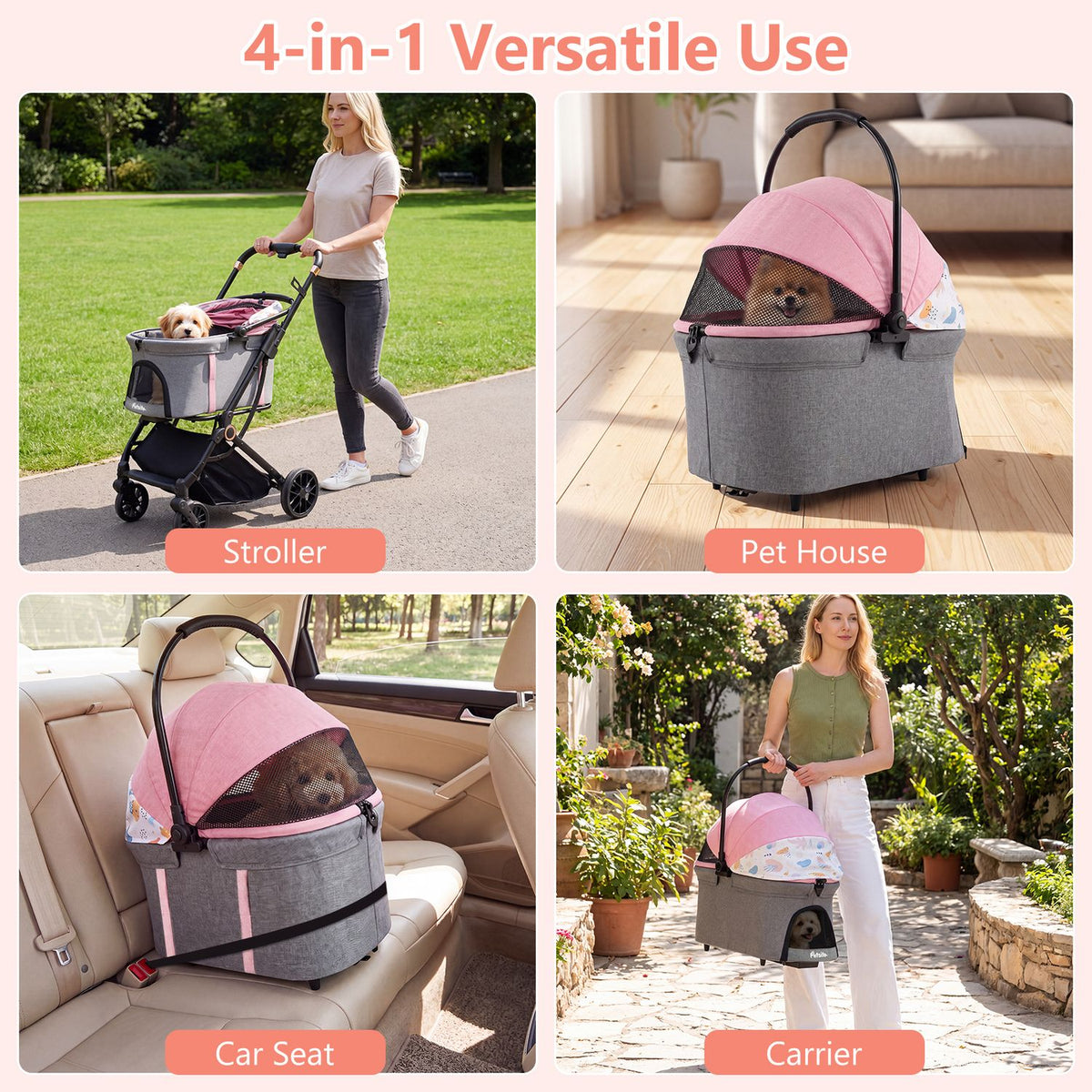 Four scenes show the pink-and-gray pet carrier used on a stroller, indoors, on a car seat and outdoors.