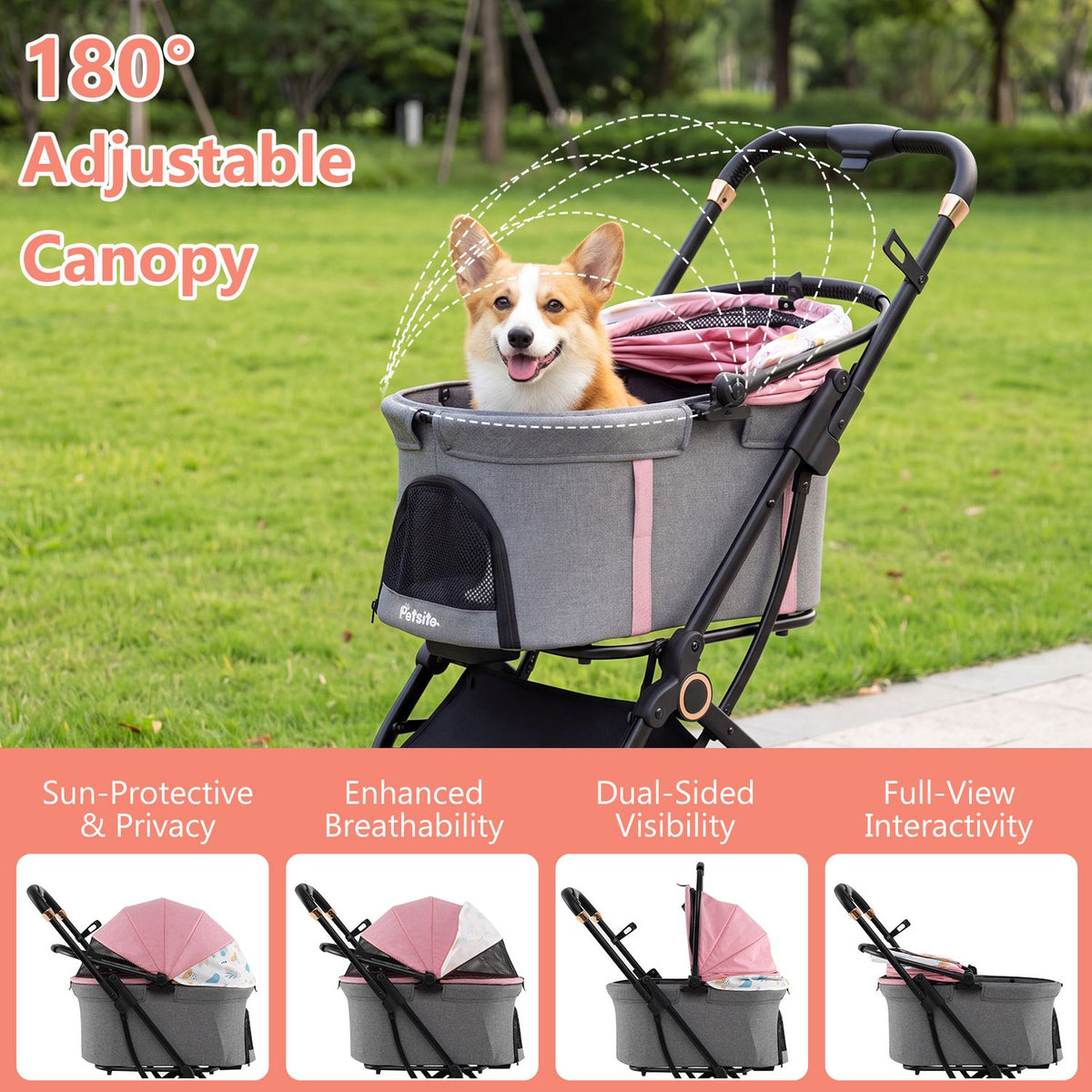 A dog rides in the stroller beneath its pink canopy, with smaller views showing different canopy positions.
