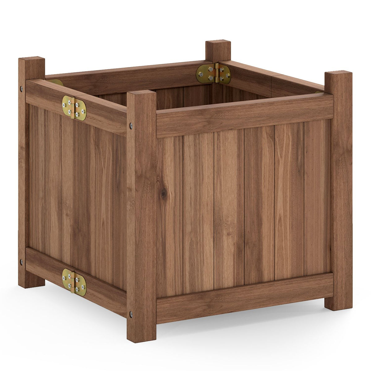 Empty brown wooden square raised garden bed shown against a white background