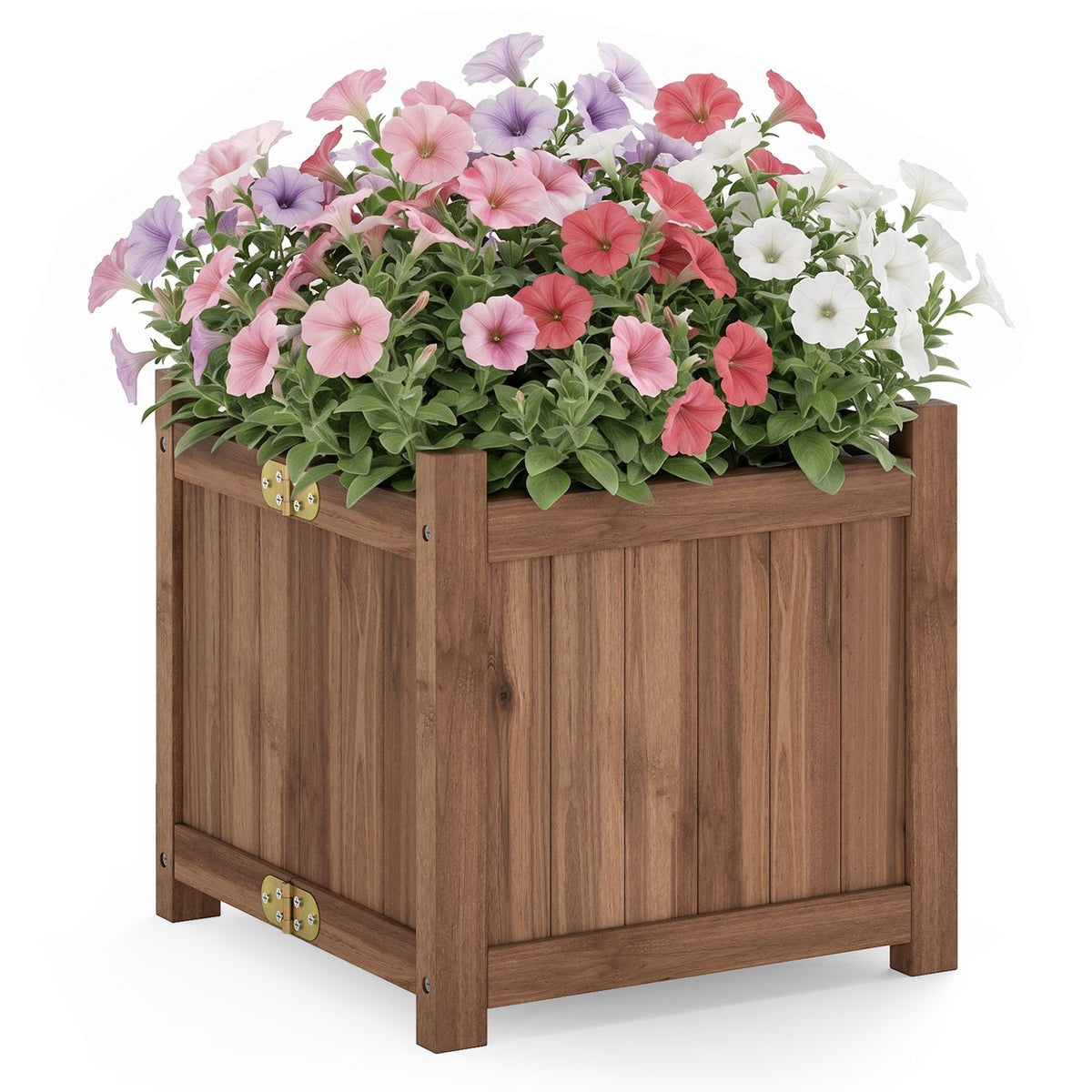 Brown wooden raised garden bed overflowing with pink, white, and purple flowers