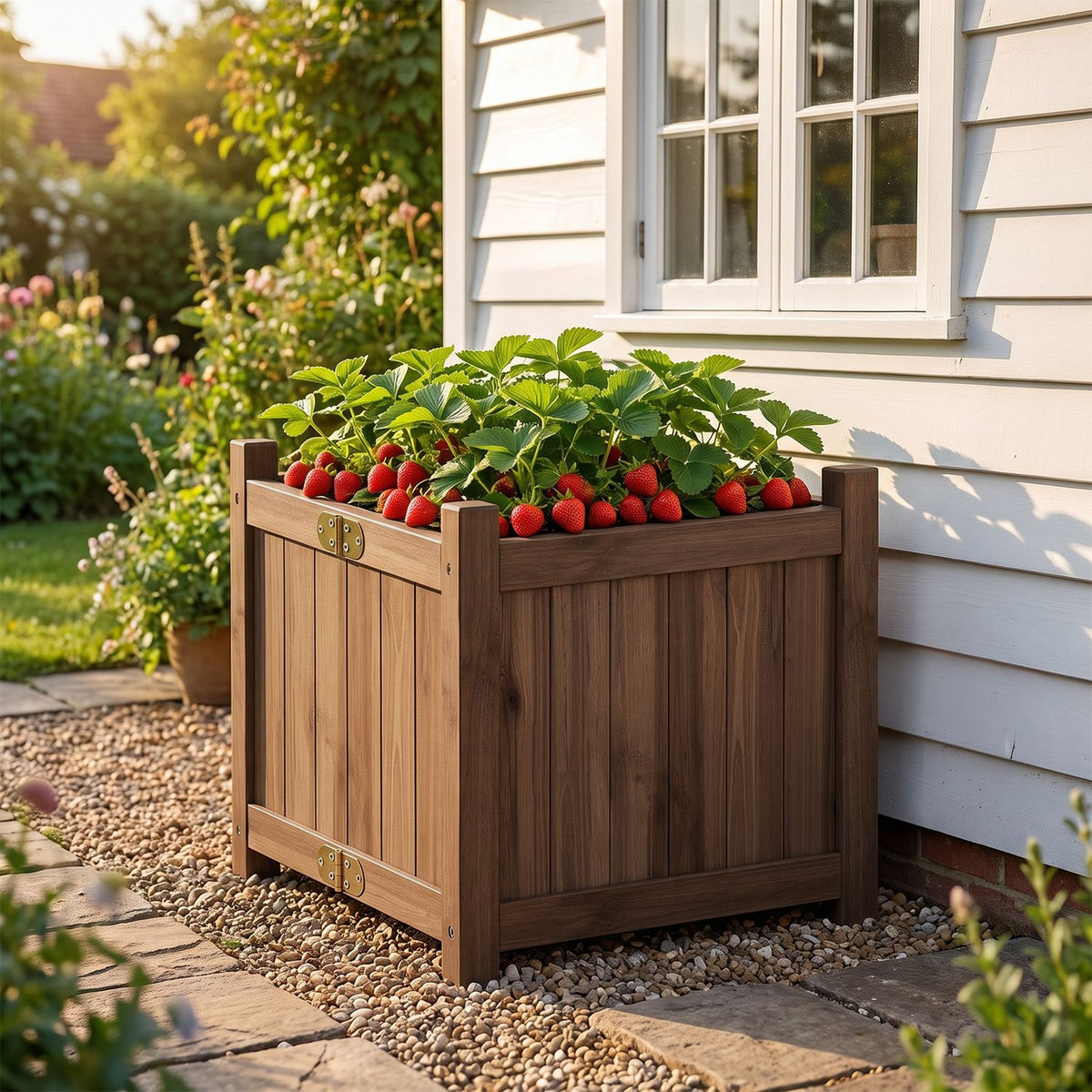 Brown wooden raised garden bed filled with strawberries beside a house