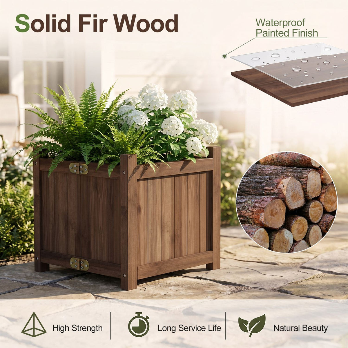 Brown wooden raised garden bed with greenery beside a wood and panel graphic