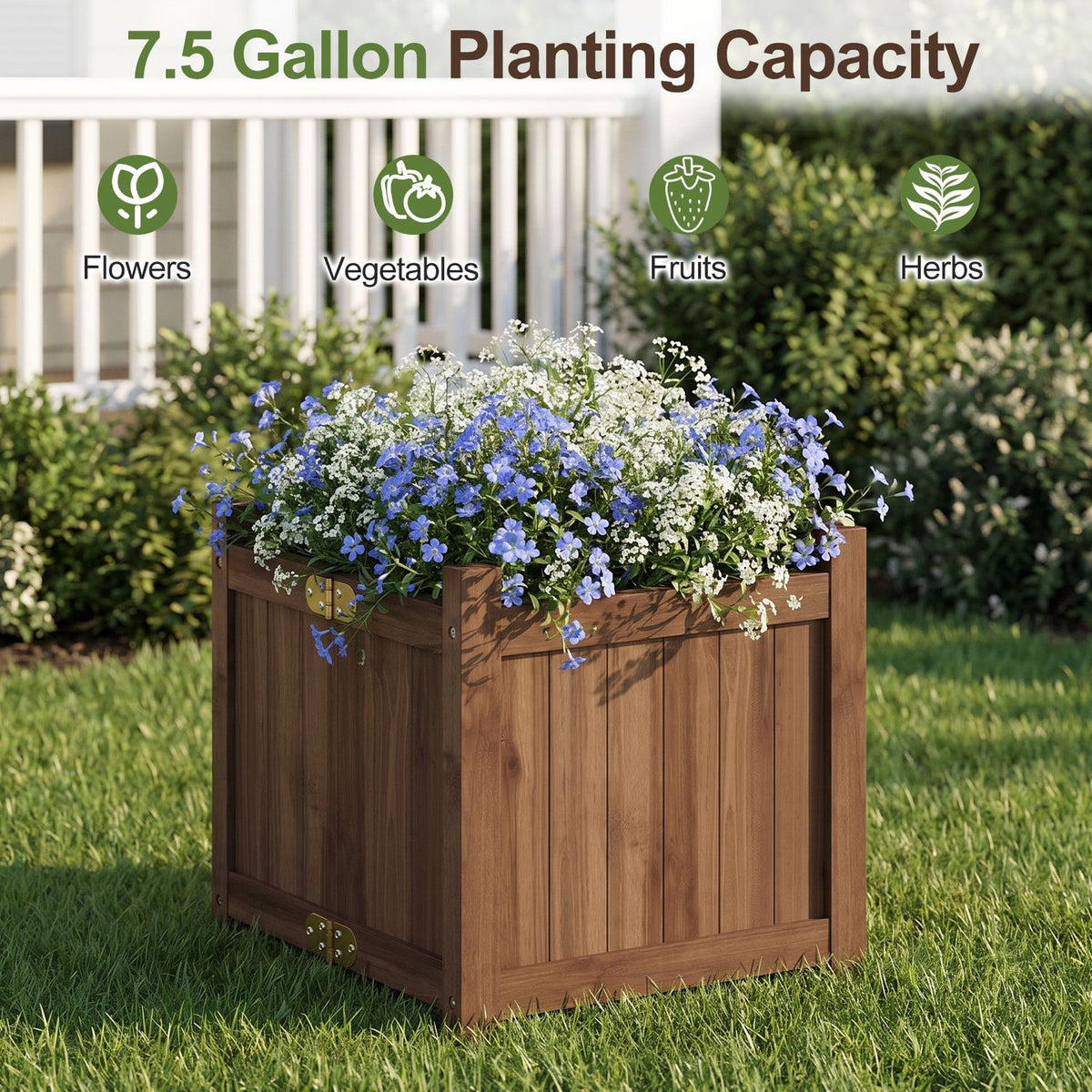 Square brown wooden planter overflowing with blue and white flowers on a lawn.