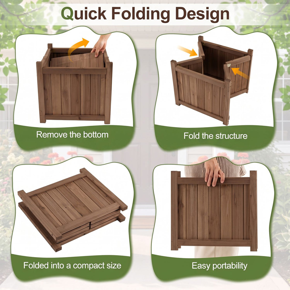 Four views show the wooden planter being emptied, folded inward, collapsed flat, and carried by hand.
