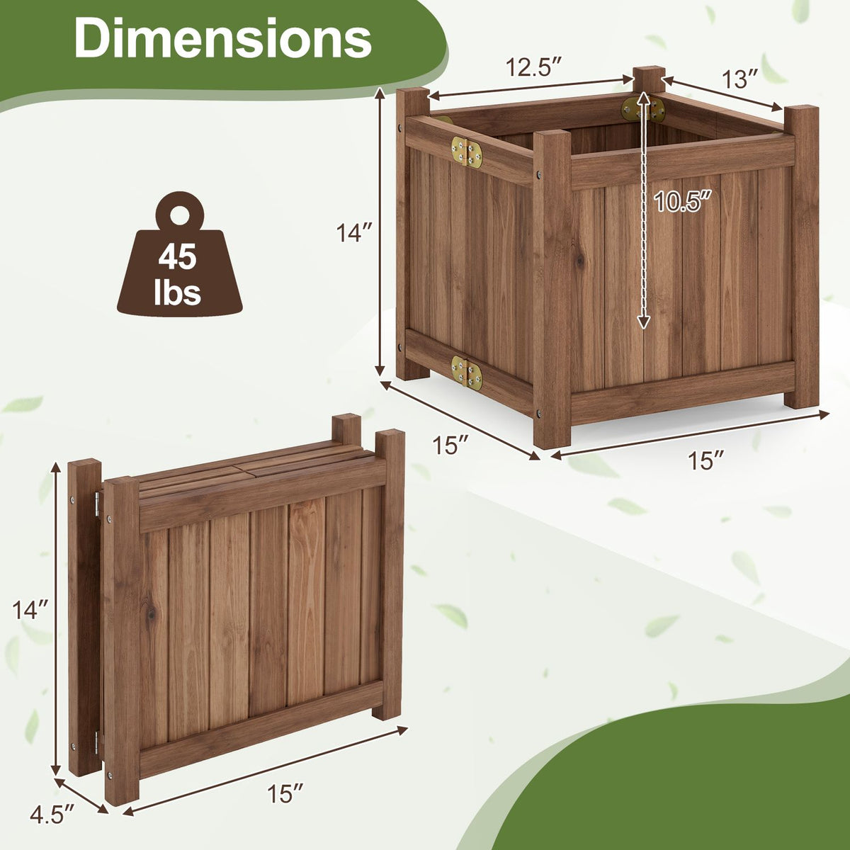 Dimension graphic showing the brown raised garden bed open and folded