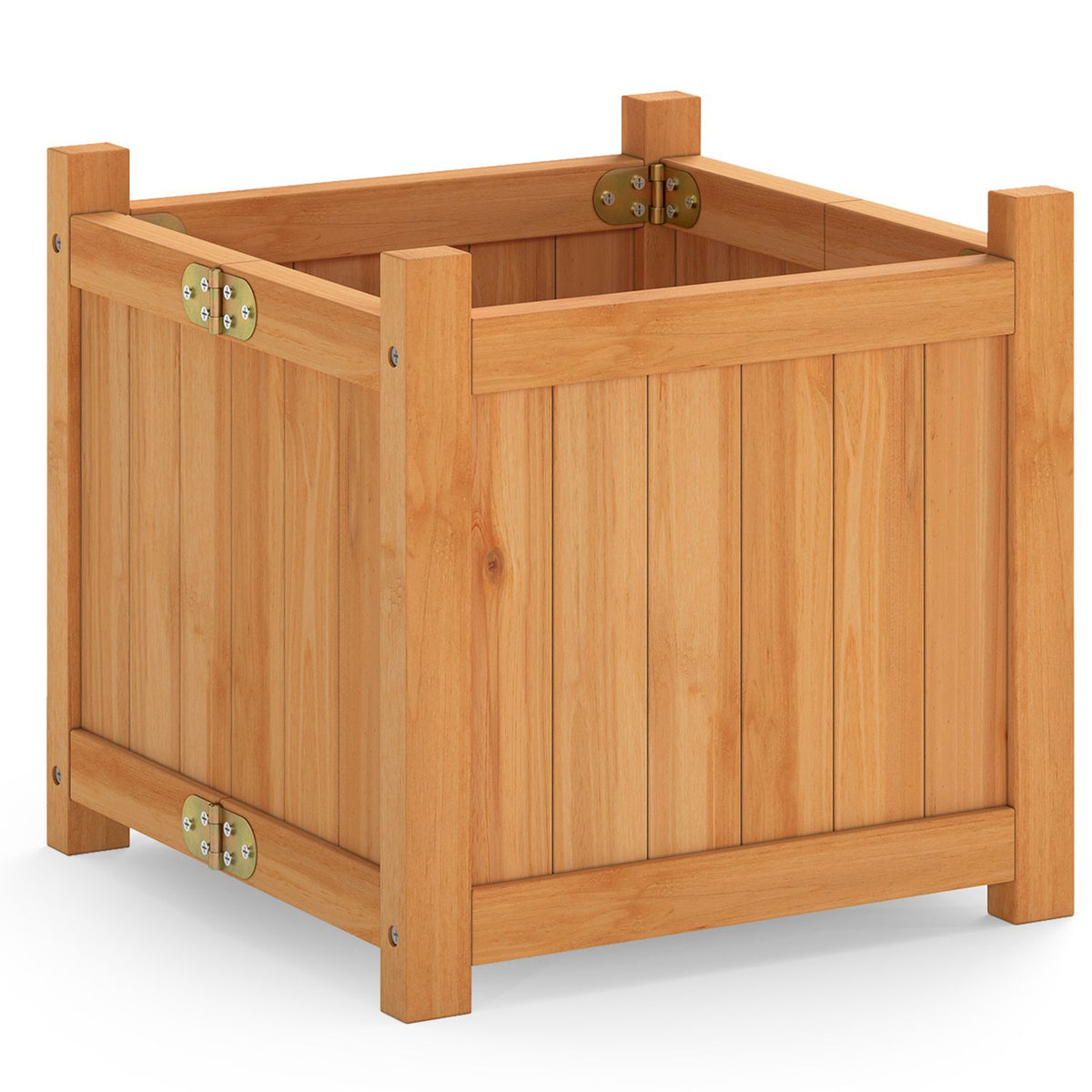 Empty square wooden garden bed shown against a white background, with folding hinges visible.
