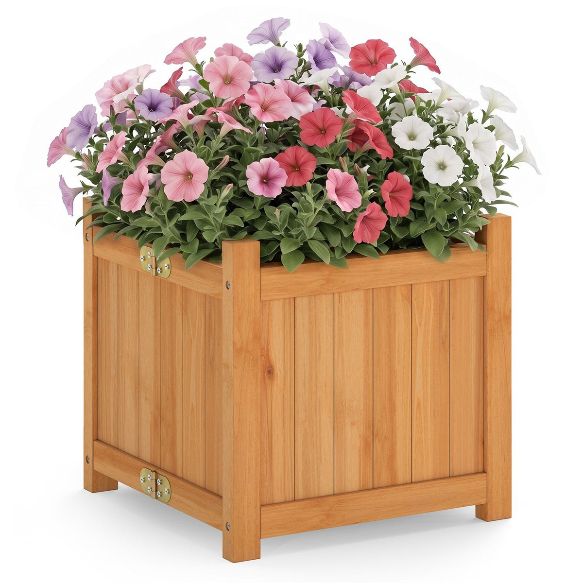 Square wooden garden bed overflowing with pink, purple, red, and white flowers.