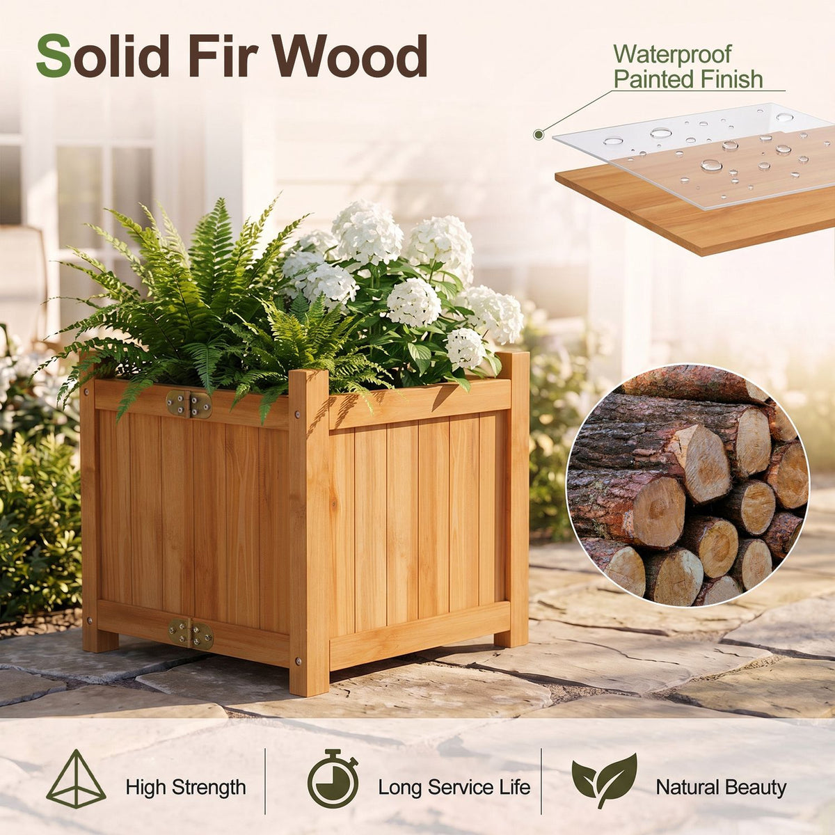 Square wooden planter filled with greenery and white flowers, with a wood-grain inset and finish illustration.