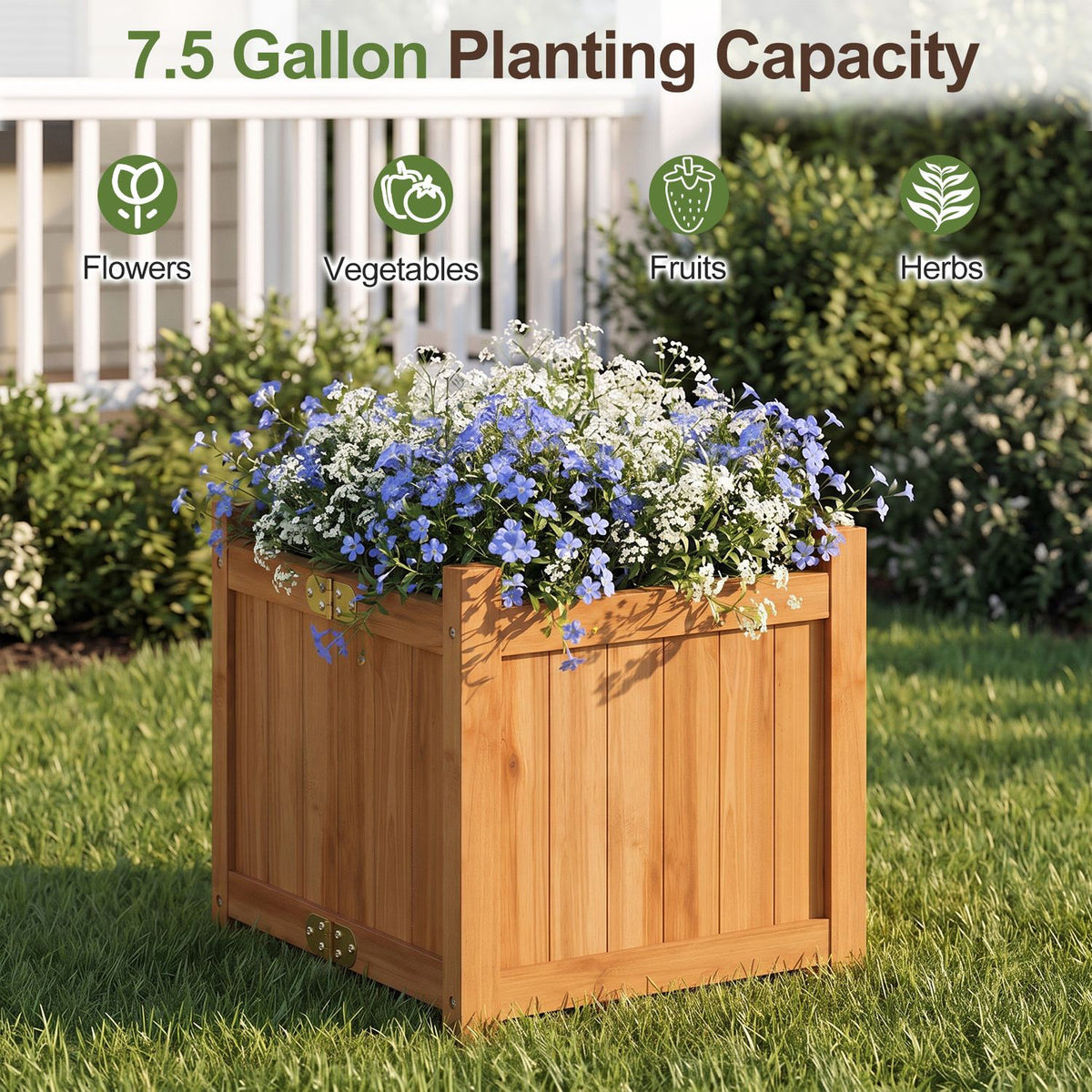 Square wooden planter overflowing with blue and white flowers on a lawn.