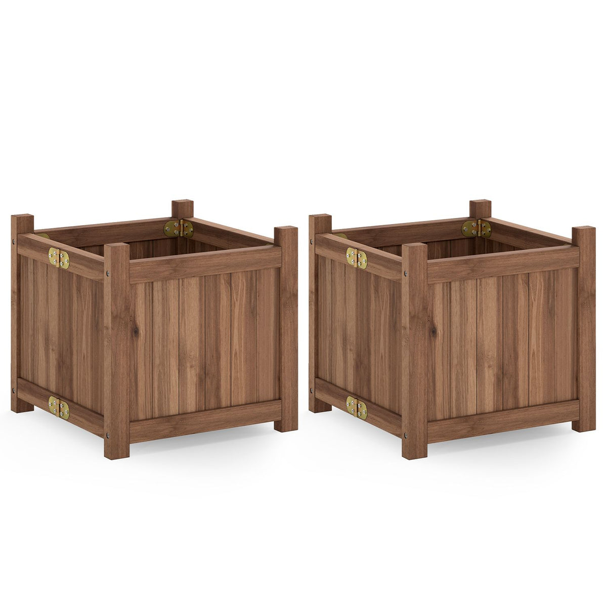 Two empty wooden square planters shown together against a white background.