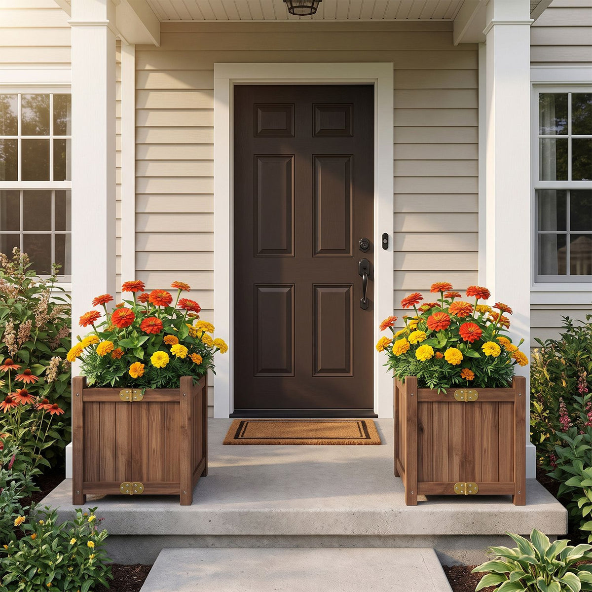Two wooden square planters filled with orange and yellow flowers flank a home's front door.
