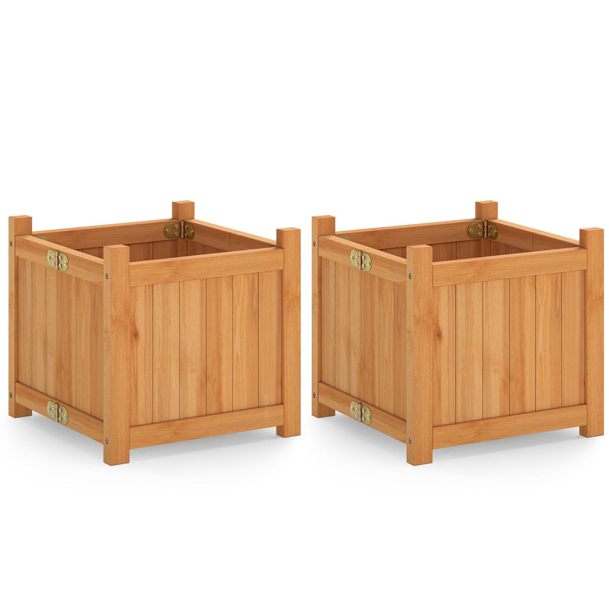 Pair of empty warm wood square raised garden beds on a white background