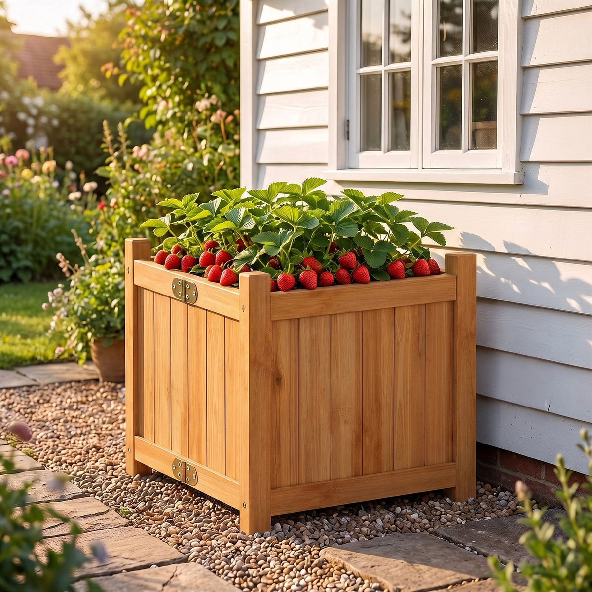 Warm wood raised garden bed planted with strawberries beside a house