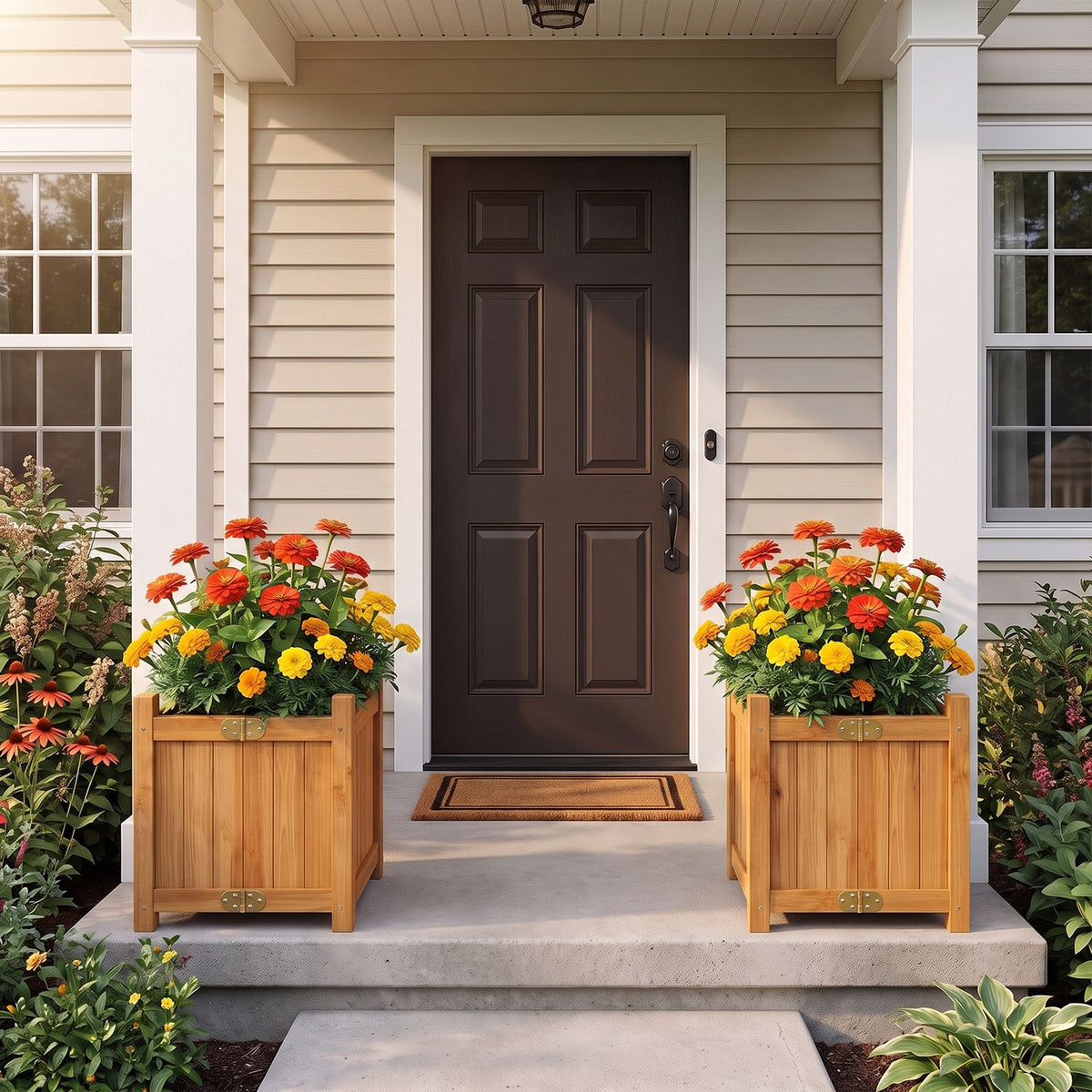 Pair of warm wood raised garden beds filled with flowers on a front porch