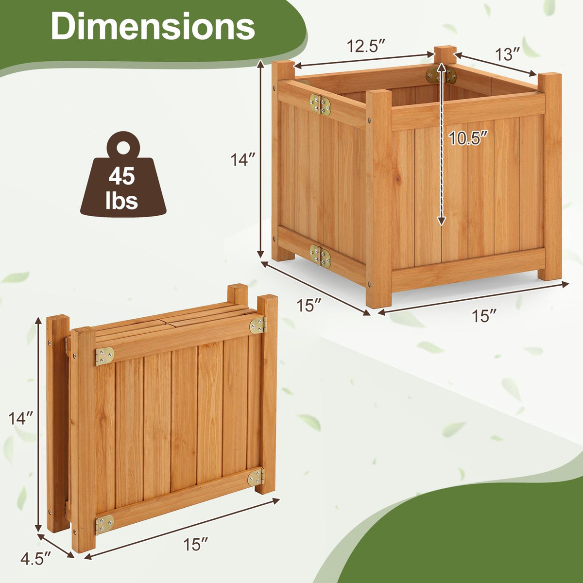 Dimension graphic showing a wooden raised garden bed and its folded form