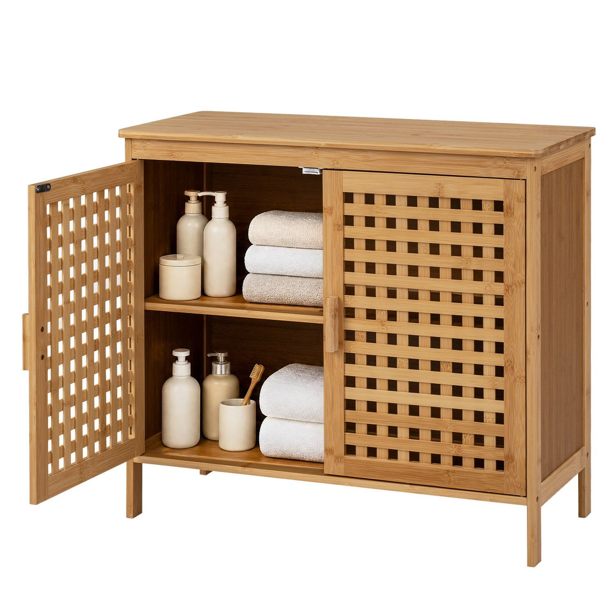 One lattice door open to show two shelves holding bottles and folded towels inside the cabinet.