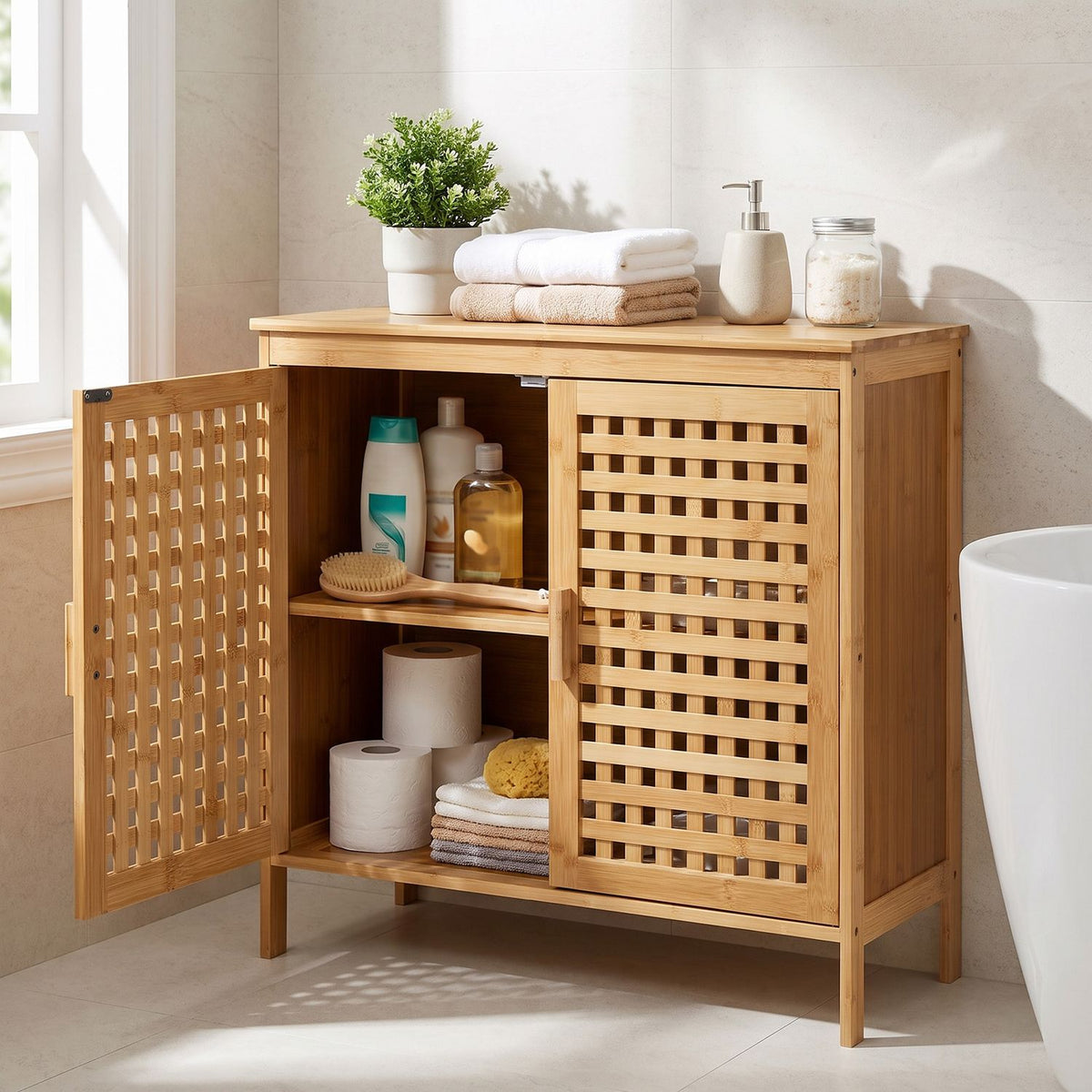Natural bamboo cabinet with one lattice door open, showing bathroom supplies on two shelves.