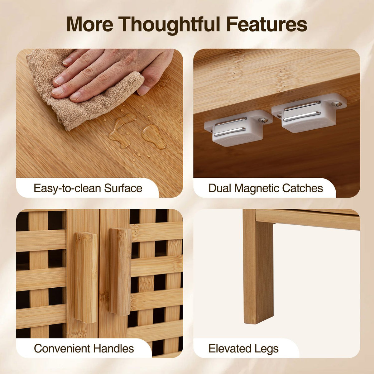 Close-ups show a hand wiping the top, magnetic catches, door handles, and a cabinet leg.