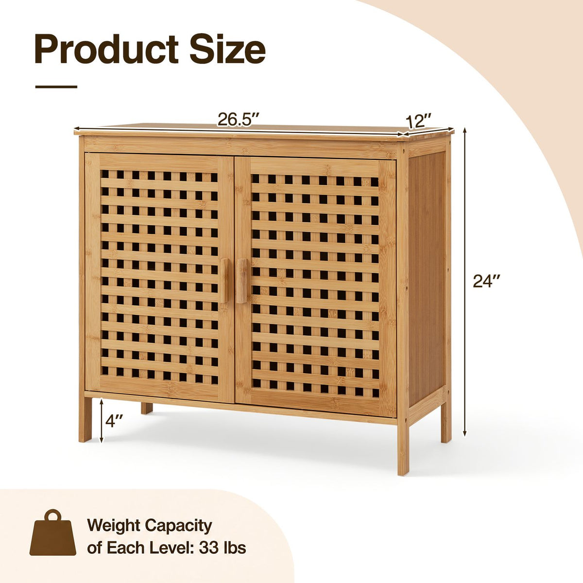 Natural bamboo cabinet shown from the front and side with measurement arrows.