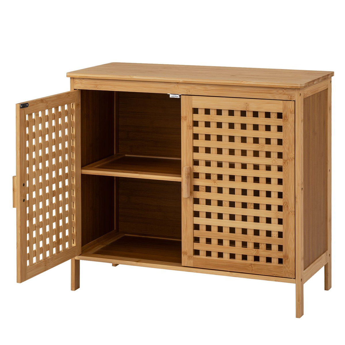 Bamboo cabinet with one door open, revealing two interior shelves and storage compartments.