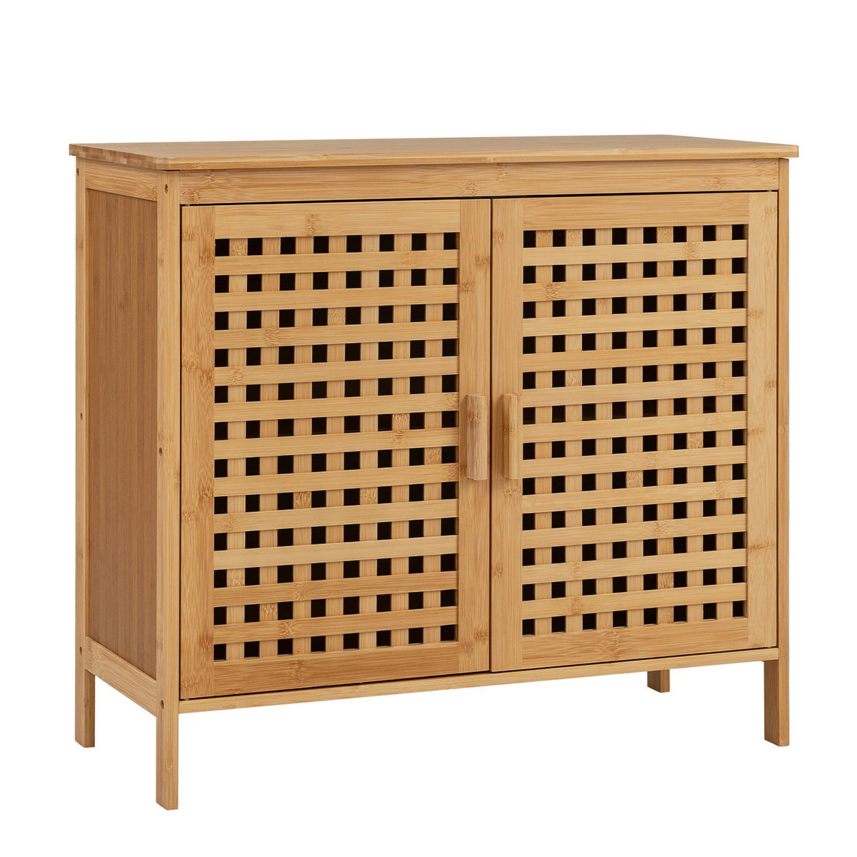 Natural bamboo cabinet with two closed lattice doors, shown against a white background.