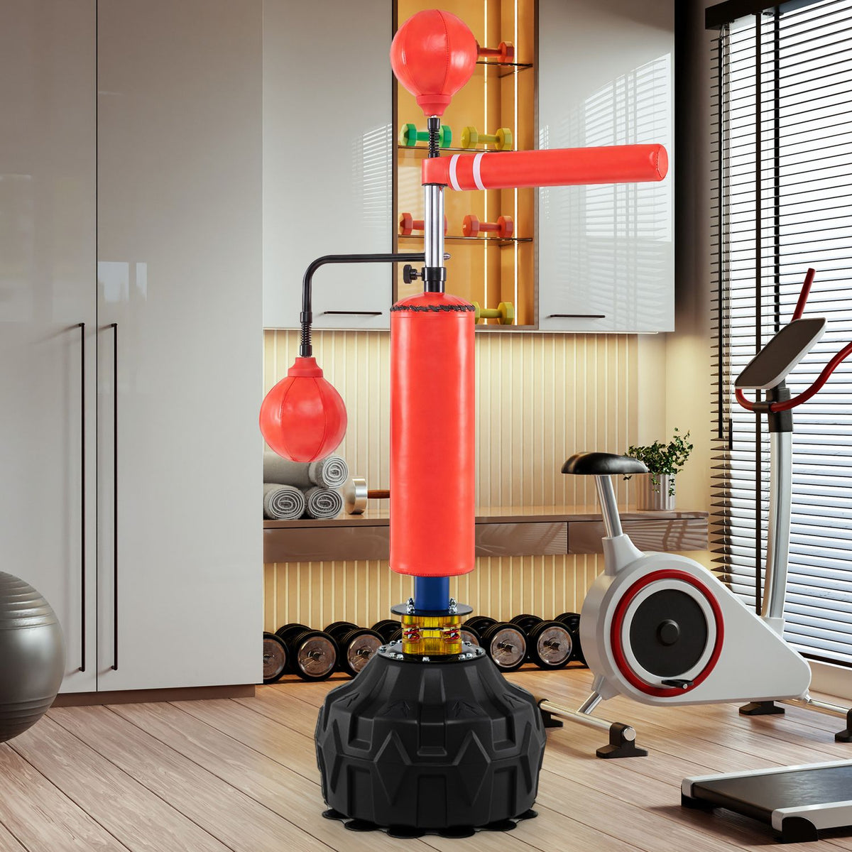 Red reflex punching bag with rotating arm and black weighted base in a home gym.