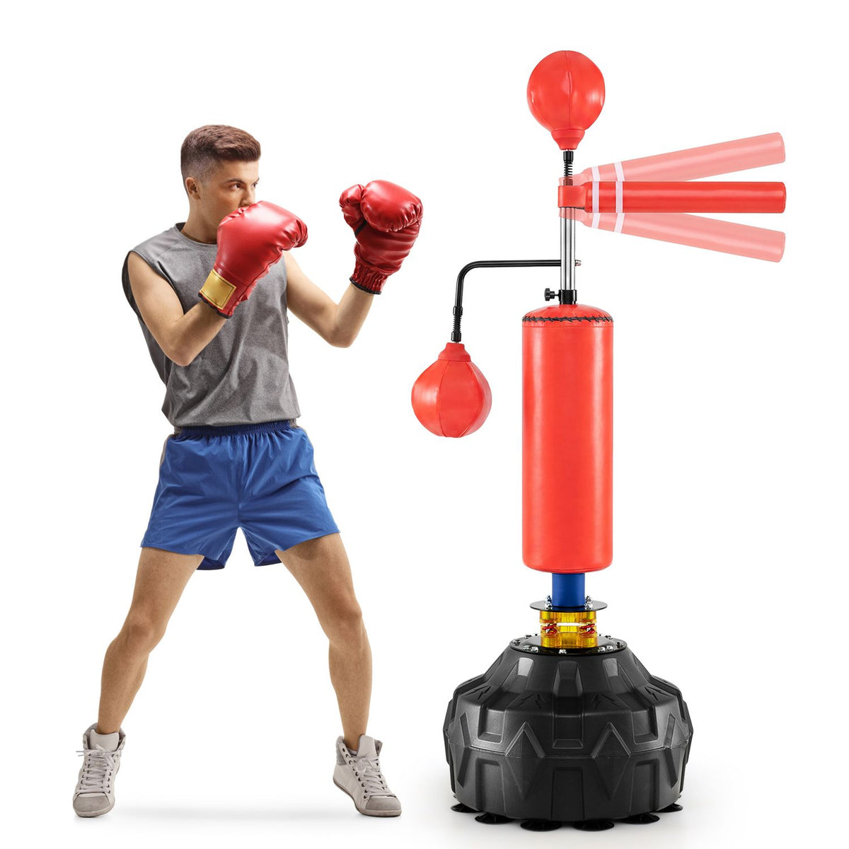 A boxer faces the reflex bag as its red rotating arm is shown in several positions.