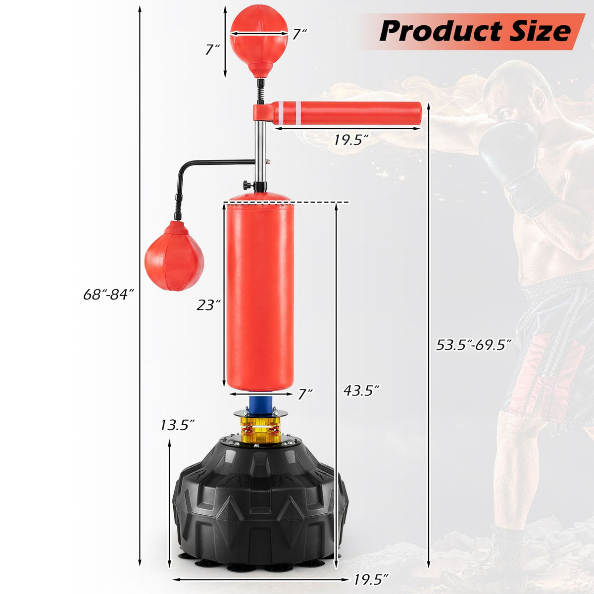 Punching bag diagram with measurement arrows around the base, pads, and adjustable pole.