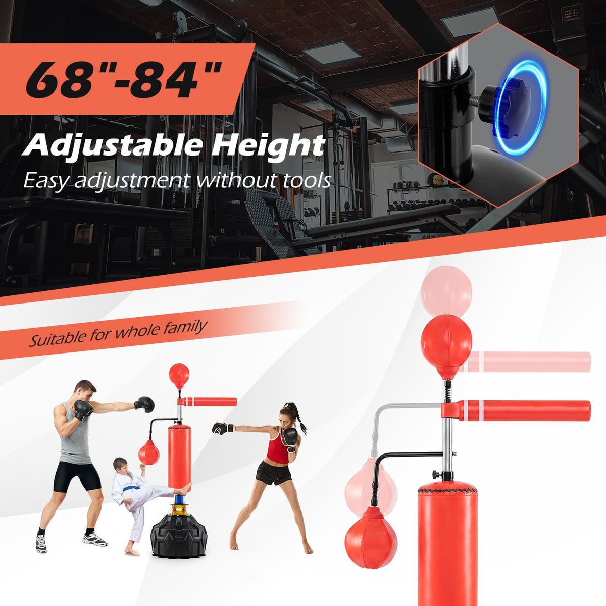 Red freestanding punching bag with two speed balls and a rotating bar, shown alongside people training.
