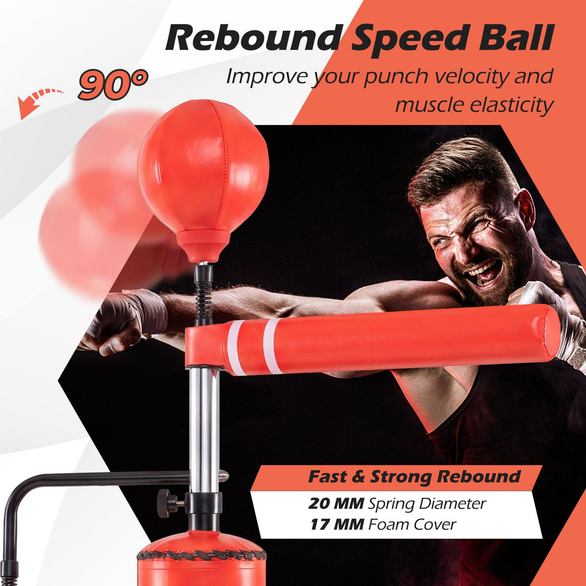 Close view of the red upper speed ball and padded rotating bar, with a boxer pictured behind them.