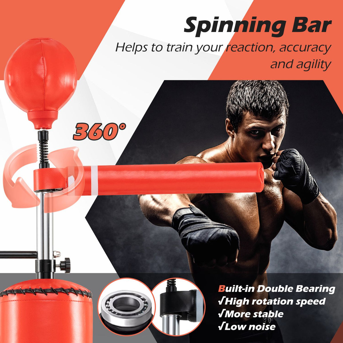Red horizontal training bar and upper speed ball shown with circular motion graphics and a boxer.