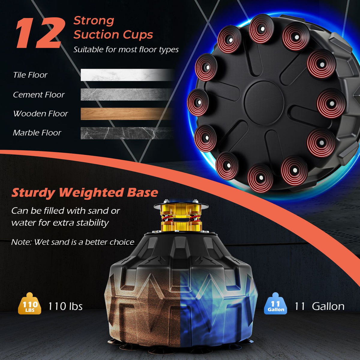 Black weighted base shown from below with suction cups, beside a view of the filled base.