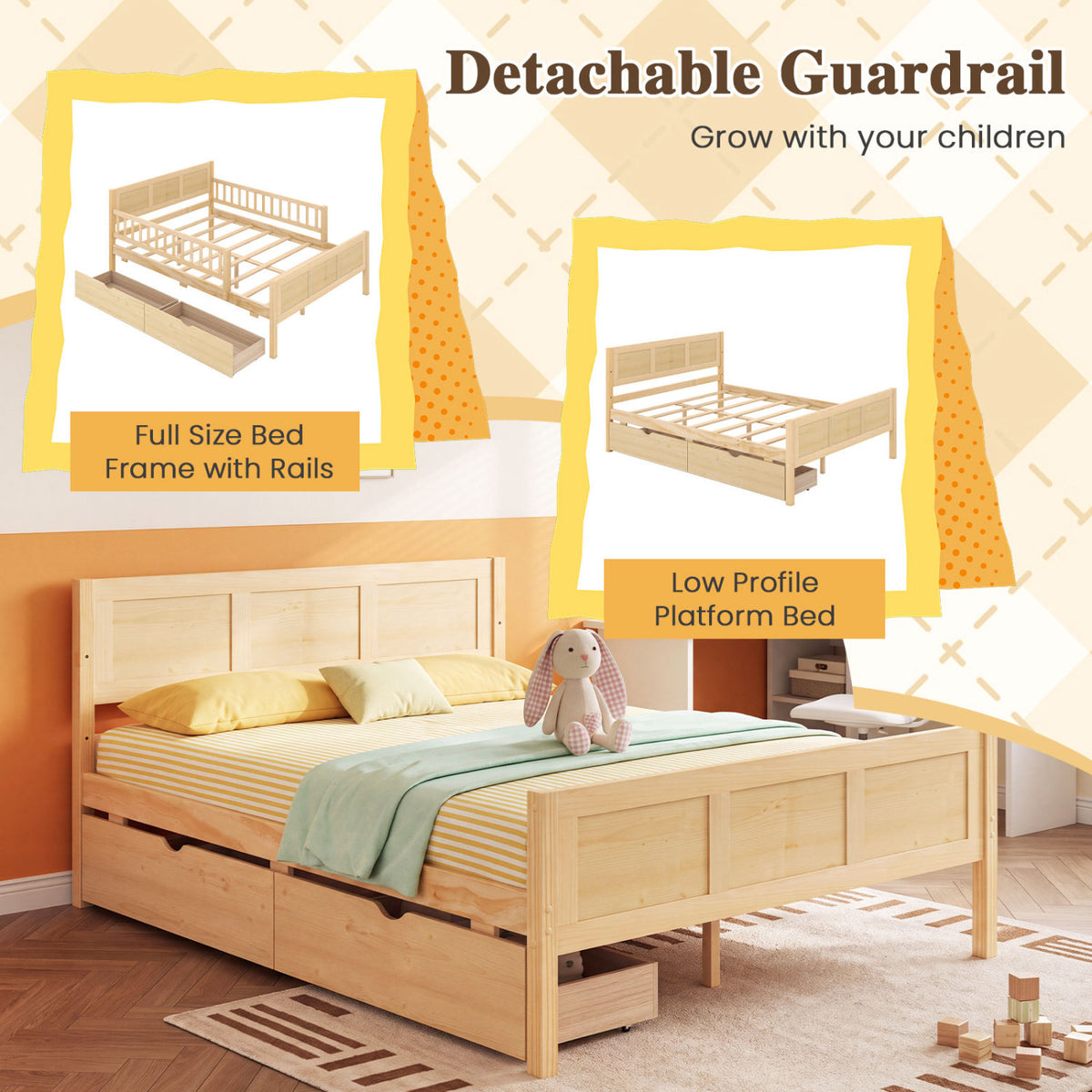 Full Size Bed Frame with Storage Drawers Natural