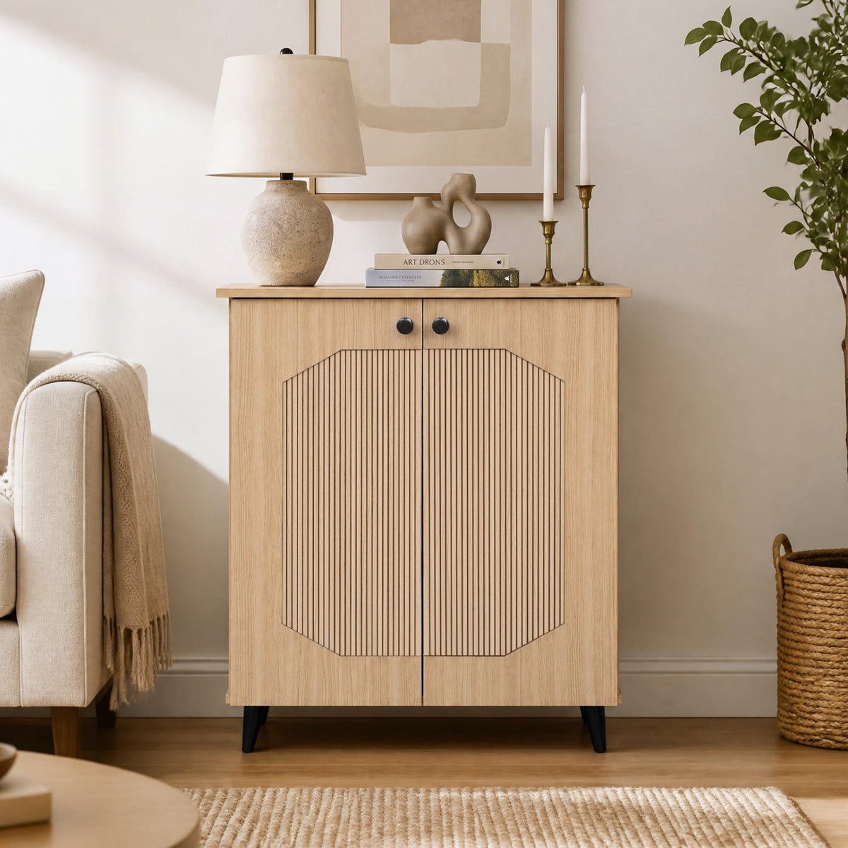 Geometric Cabinet 2‑Door PU‑like Freestanding Footwear Storage with Carved Panels for Entryway Hallway Living Room, Natu