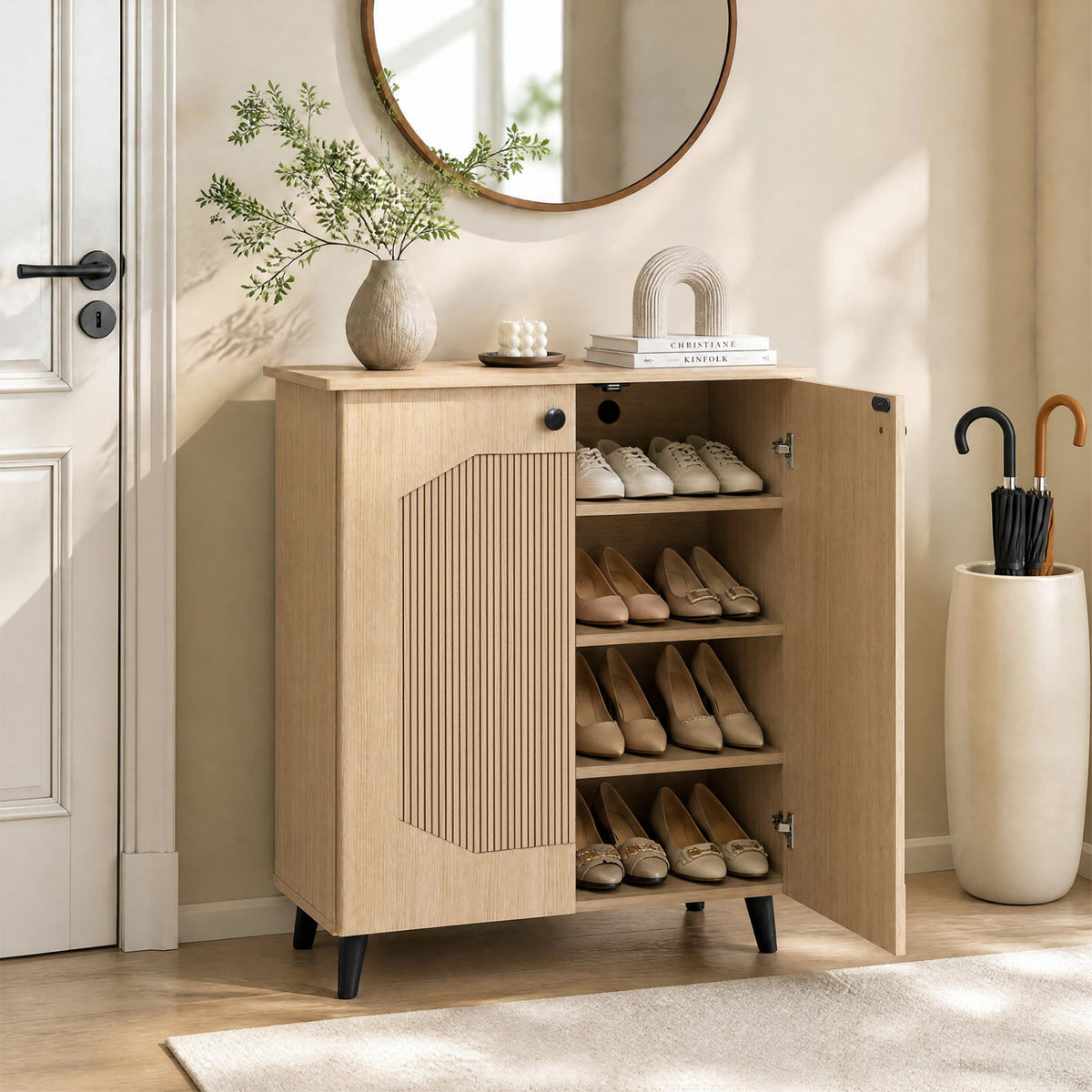 Geometric Cabinet 2‑Door PU‑like Freestanding Footwear Storage with Carved Panels for Entryway Hallway Living Room, Natu