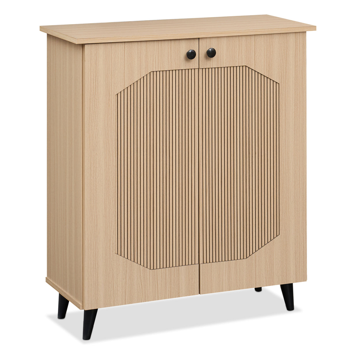 Geometric Cabinet 2‑Door PU‑like Freestanding Footwear Storage with Carved Panels for Entryway Hallway Living Room, Natu