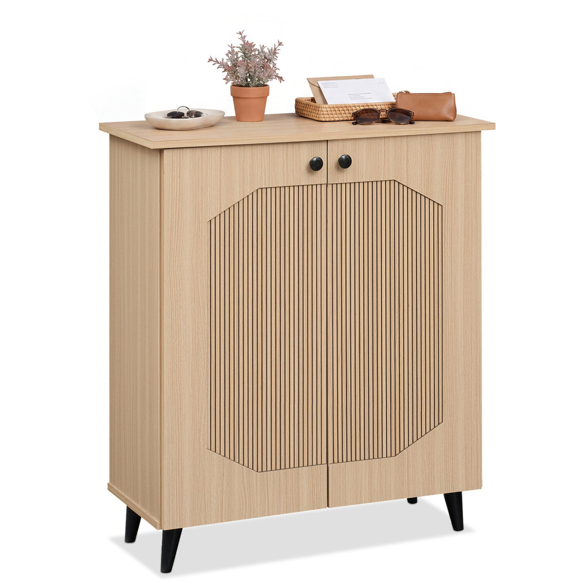 Geometric Cabinet 2‑Door PU‑like Freestanding Footwear Storage with Carved Panels for Entryway Hallway Living Room, Natu