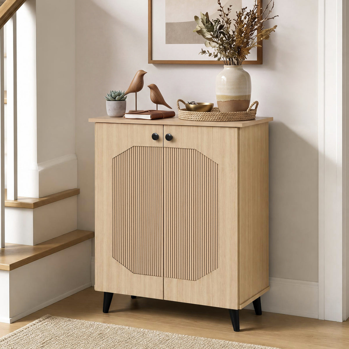 Geometric Cabinet 2‑Door PU‑like Freestanding Footwear Storage with Carved Panels for Entryway Hallway Living Room, Natu