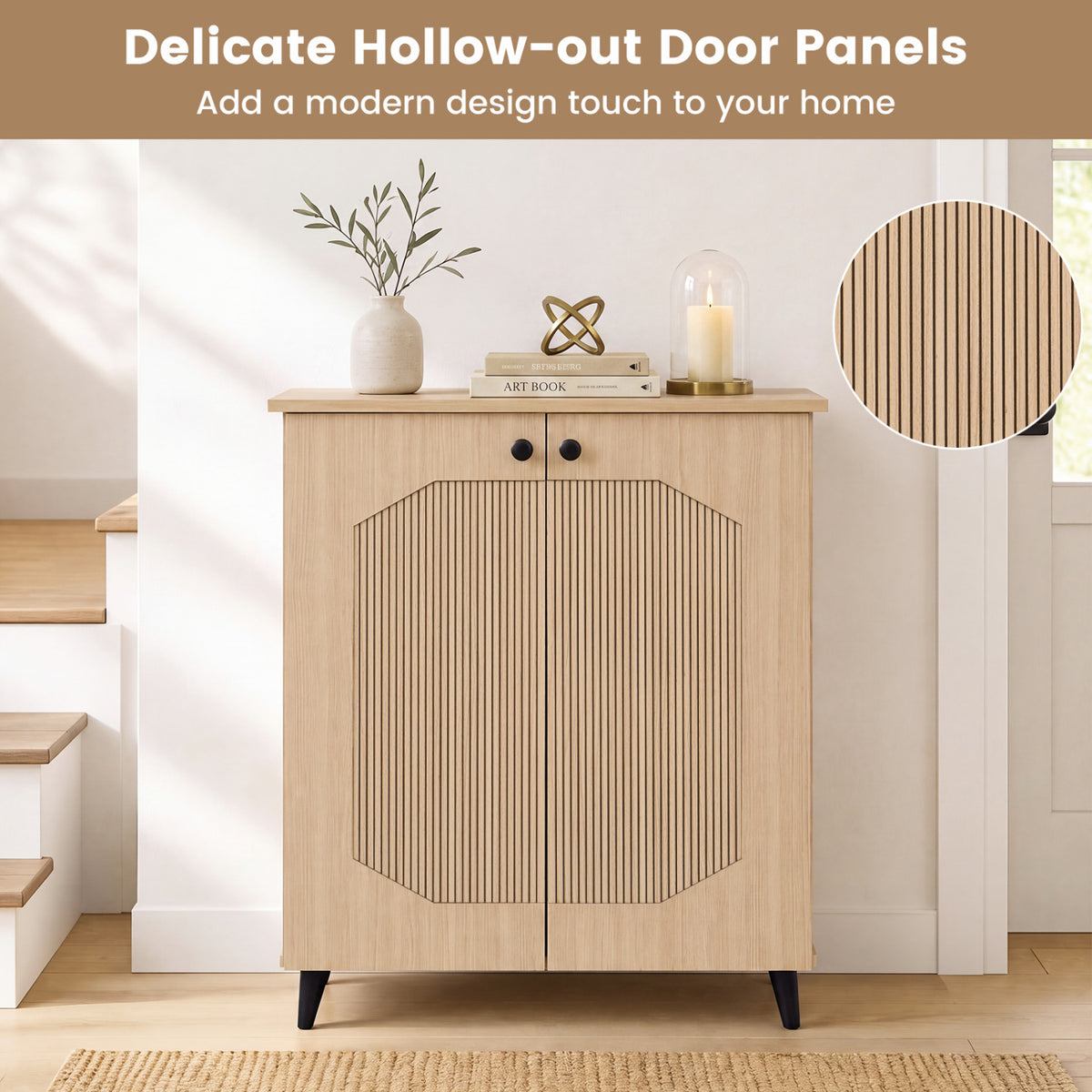 Geometric Cabinet 2‑Door PU‑like Freestanding Footwear Storage with Carved Panels for Entryway Hallway Living Room, Natu
