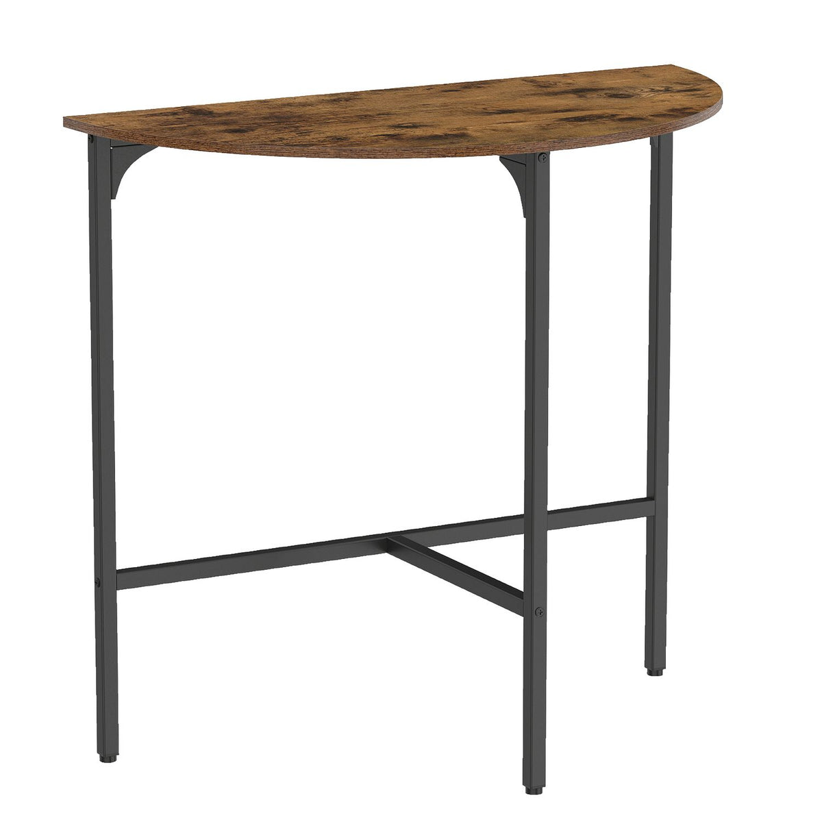 Half-moon console table shown alone, with a mottled brown top and a black metal frame with crossbars.
