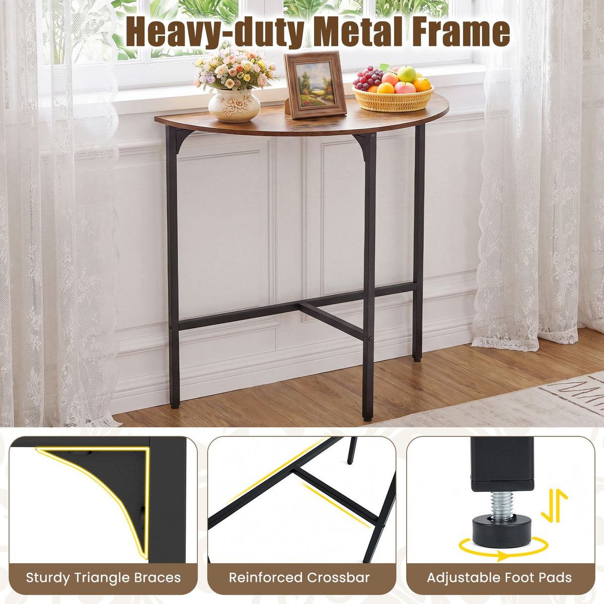 Console table displayed by a window, with inset close-ups of its braces, crossbar and adjustable feet.
