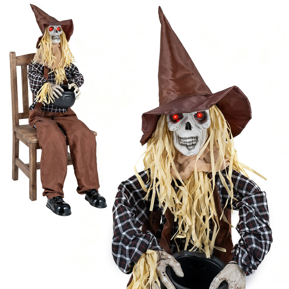 Scarecrow shown full length and close up, with a pointed hat, glowing eyes and candy bowl