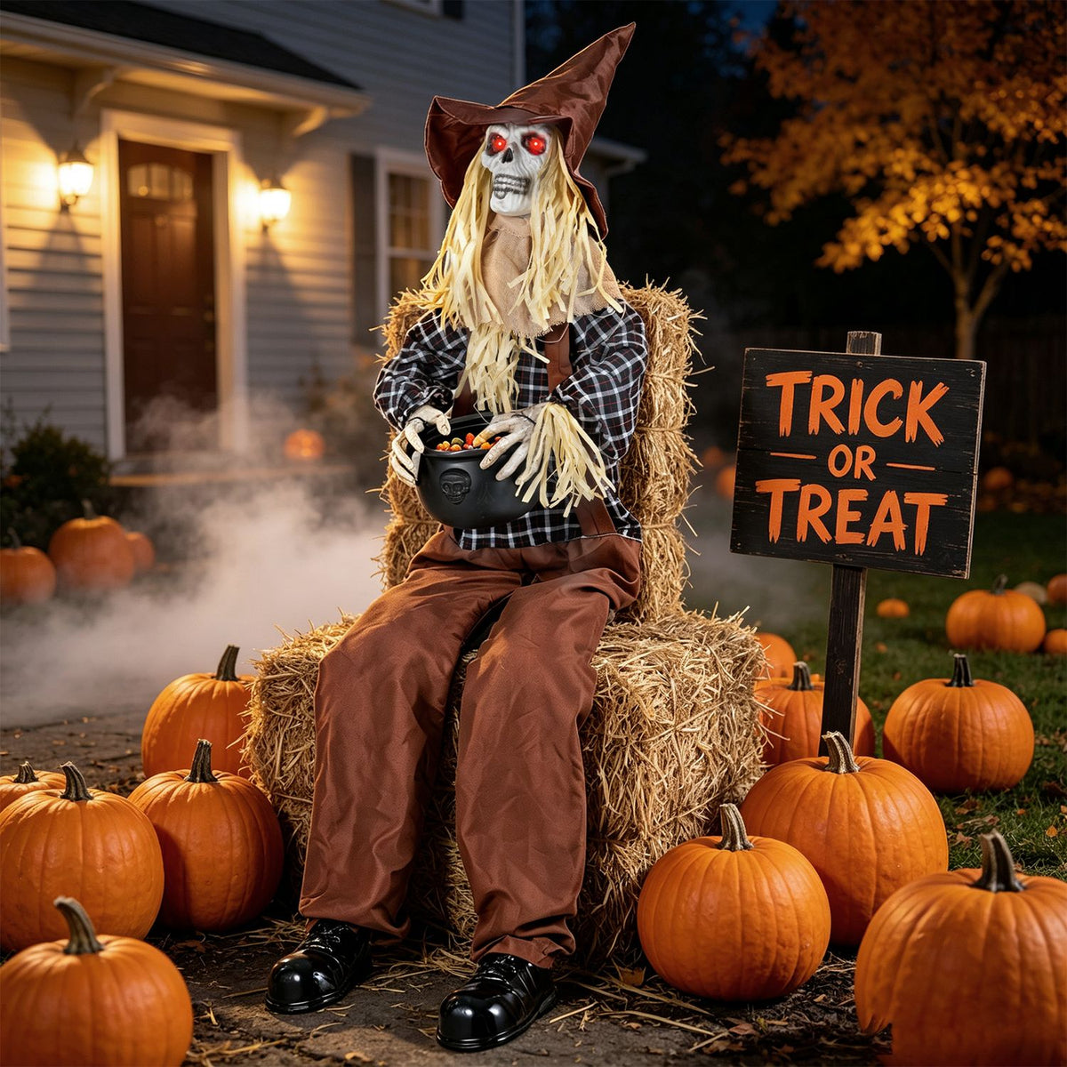 Sitting scarecrow with glowing red eyes and candy bowl among pumpkins outside at night